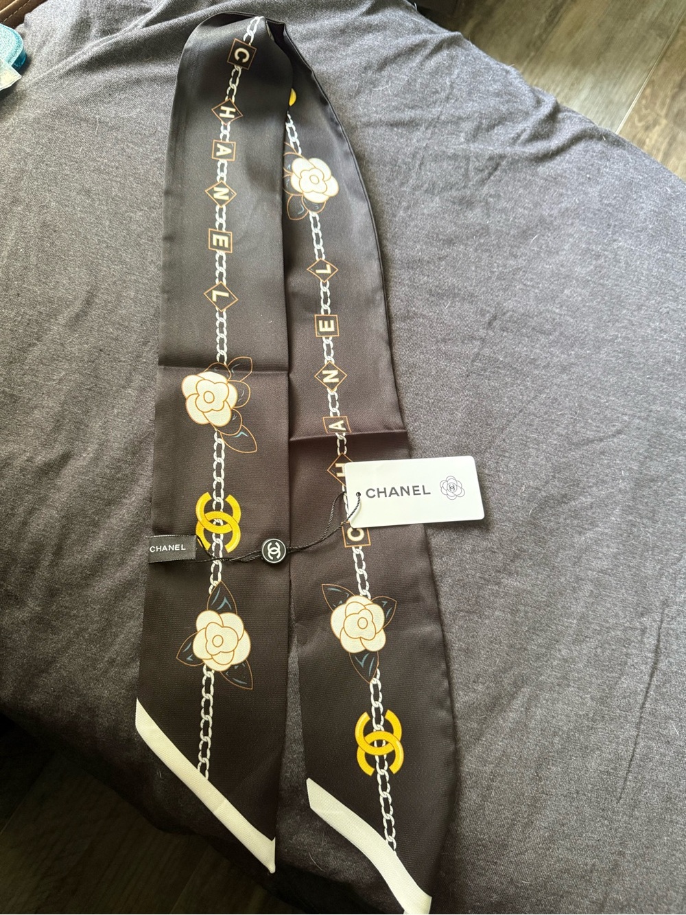 Brown Silk Twilly with Cream Camellias & Yellow Chain Motifs